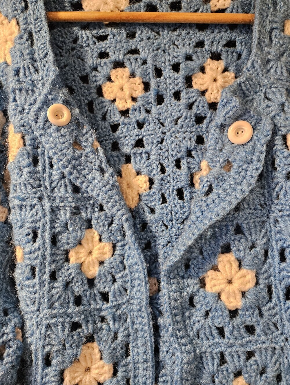 VTG Handmade Granny Square Crochet Cardigan Blue White Oversized OS - Picture 11 of 13